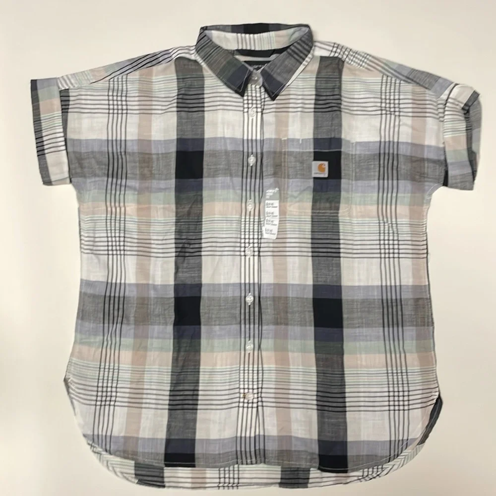 Carhartt Women’s Short Sleeve Loose Fit Woven Button Front Plaid NWT - Picture 1 of 5